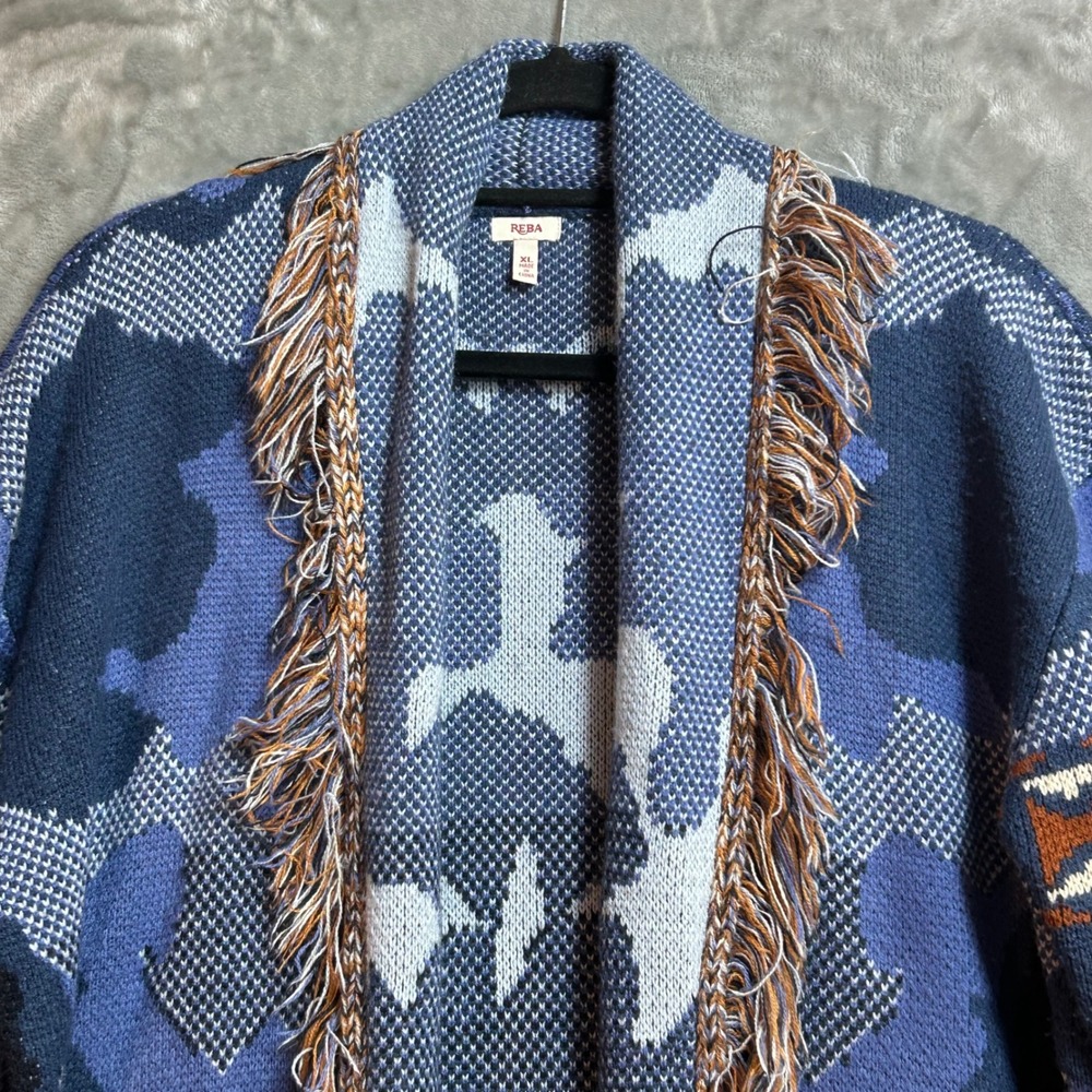 Reba Womens XL Southwest Landscape Fringe Open Front Cardigan Sweater Blue Rust - Picture 2 of 14